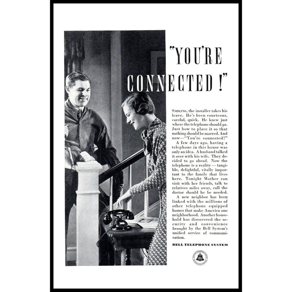 1934 Bell Telephone System Repair Man Installation Vintage Print Ad Wall Art